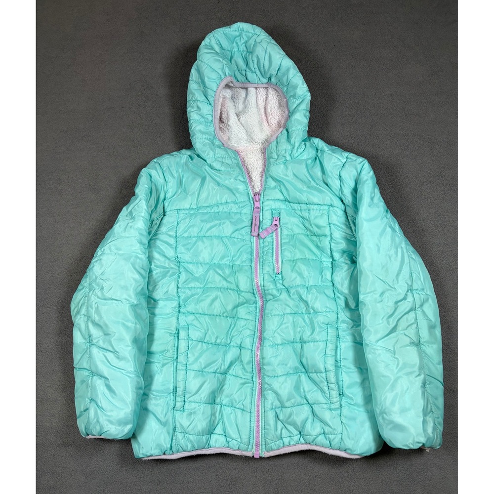 Eddie Bauer Reversible Puffer Jacket Kids Size M 10/12 Teal Pink Faux Fur Hooded